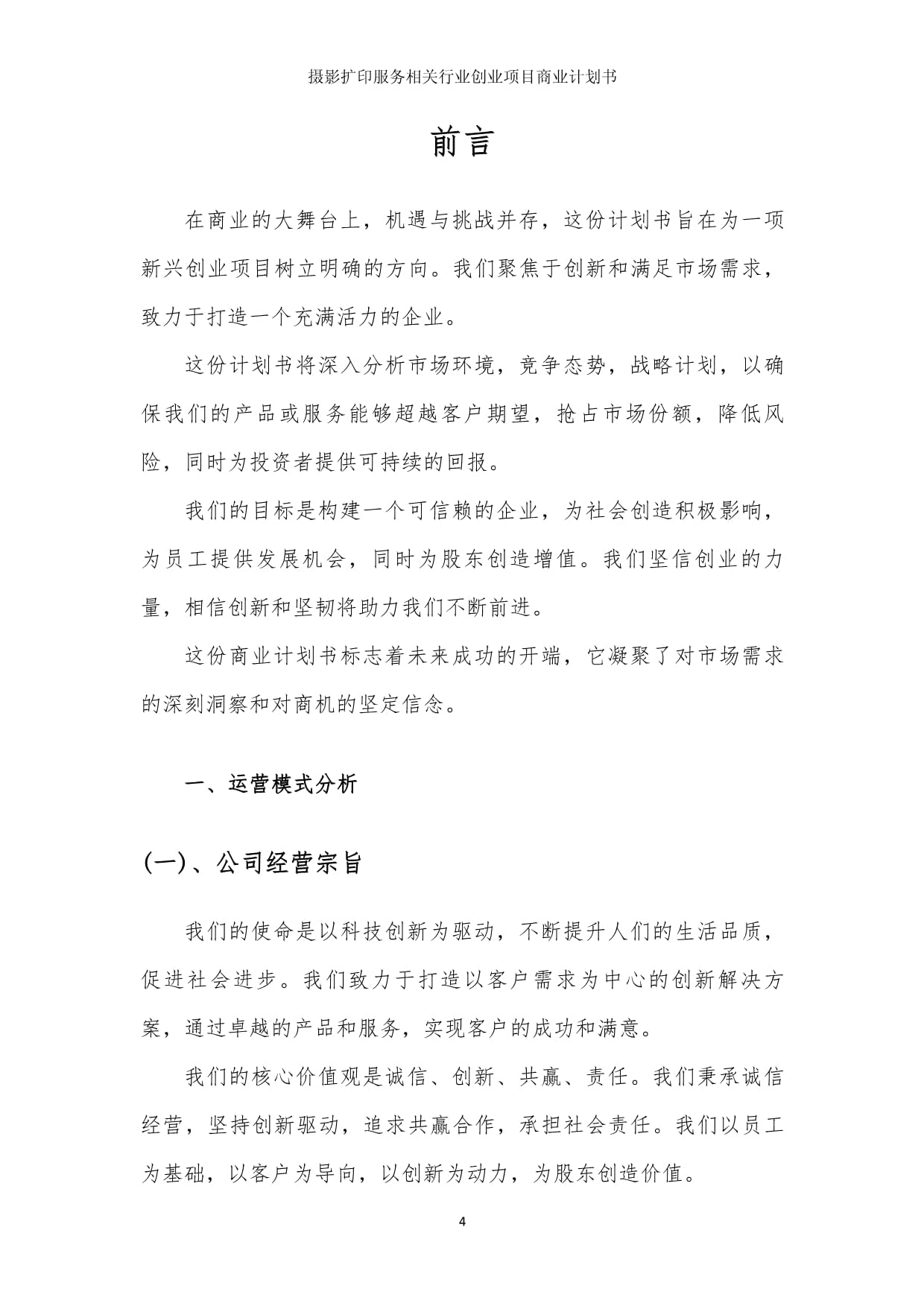 摄影扩印服务创业项目 商业发展计划书